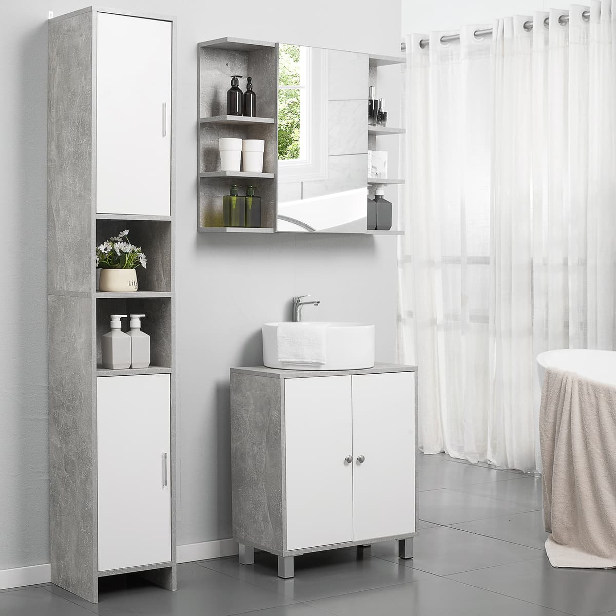 Kleankin Colonna Bagno Salvaspazio, 2 Armadietti, 2 Vani Aperti, Design Moderno in Legno Effetto Cemento, 30x30x180cm - Grigio Aosom