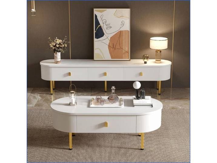 Ensemble Salon - Combo Table Basse & Meuble TV - Design Moderne Luxe - Blanc & Or - MDF