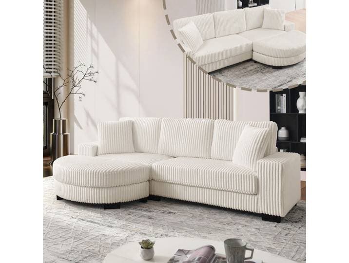 Canapé d'angle modulaire 4 places256.5cm×133.5cm×89cm velours côtelé avec pouf ovale et 4 coussins Beige