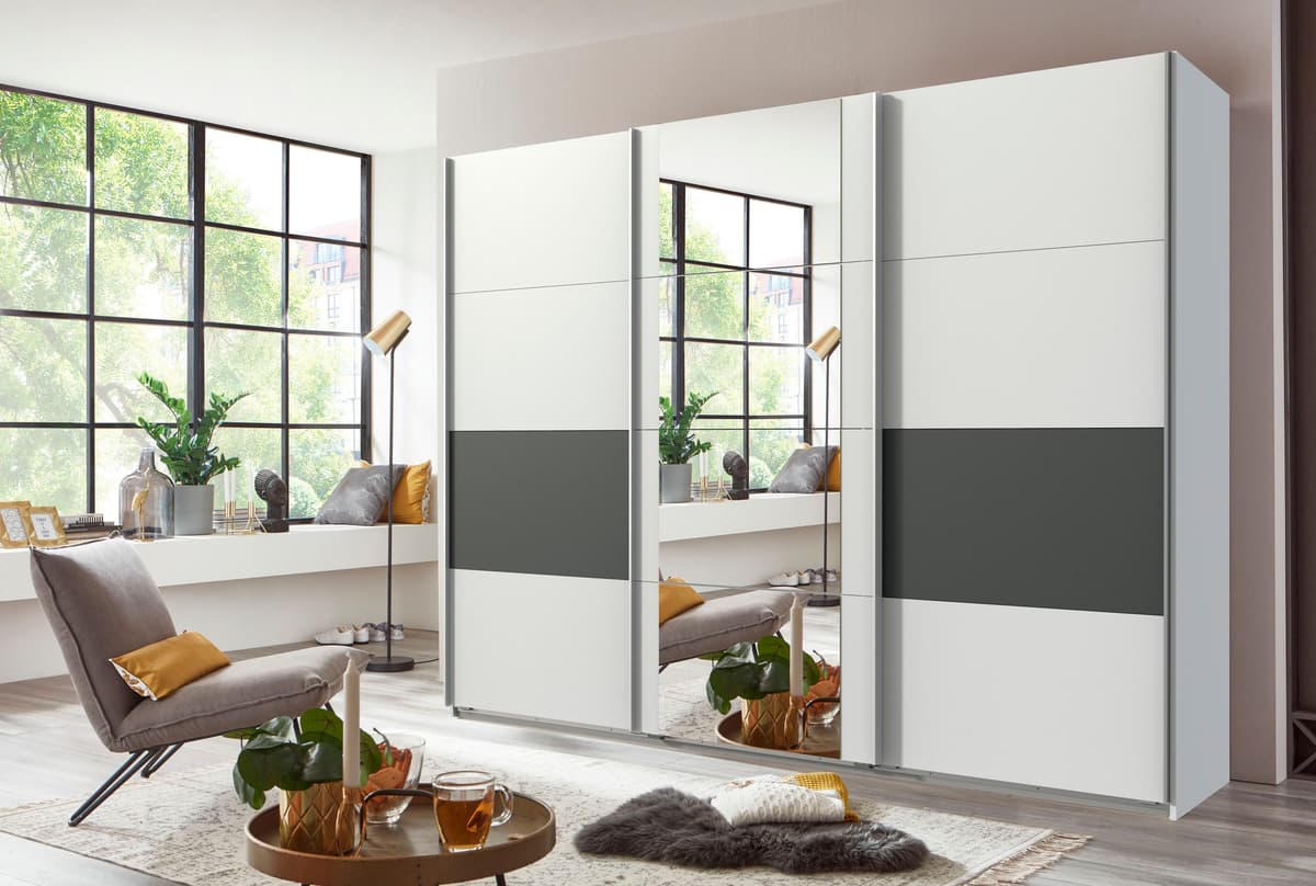 Schwebetürenschrank WIMEX "Barmbek Schlafzimmerschrank Garderobenschrank", weiss (weiß, graphit, spiegel), B:270cm H:208cm T:64cm, Holzwerkstoff, Schränke, Schwebetürenschrank, Kleiderschrank mit 2 Stoffboxen und 2 zusätzlichen Böden, Spiegeltür weiß, gra