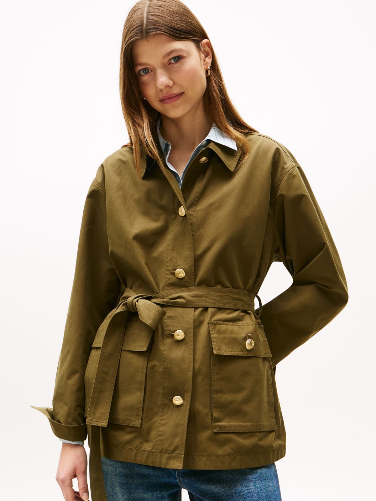 Outdoorjacke TOMMY HILFIGER "COTTON NYLON REG FIELD JACKET", Damen, Gr. XXXL(46), grün (utility olive), Web, Obermaterial: 64% Baumwolle, 36% Polyamid, unifarben, regular fit, Jacken Outdoorjacke utility olive XXXL(46)