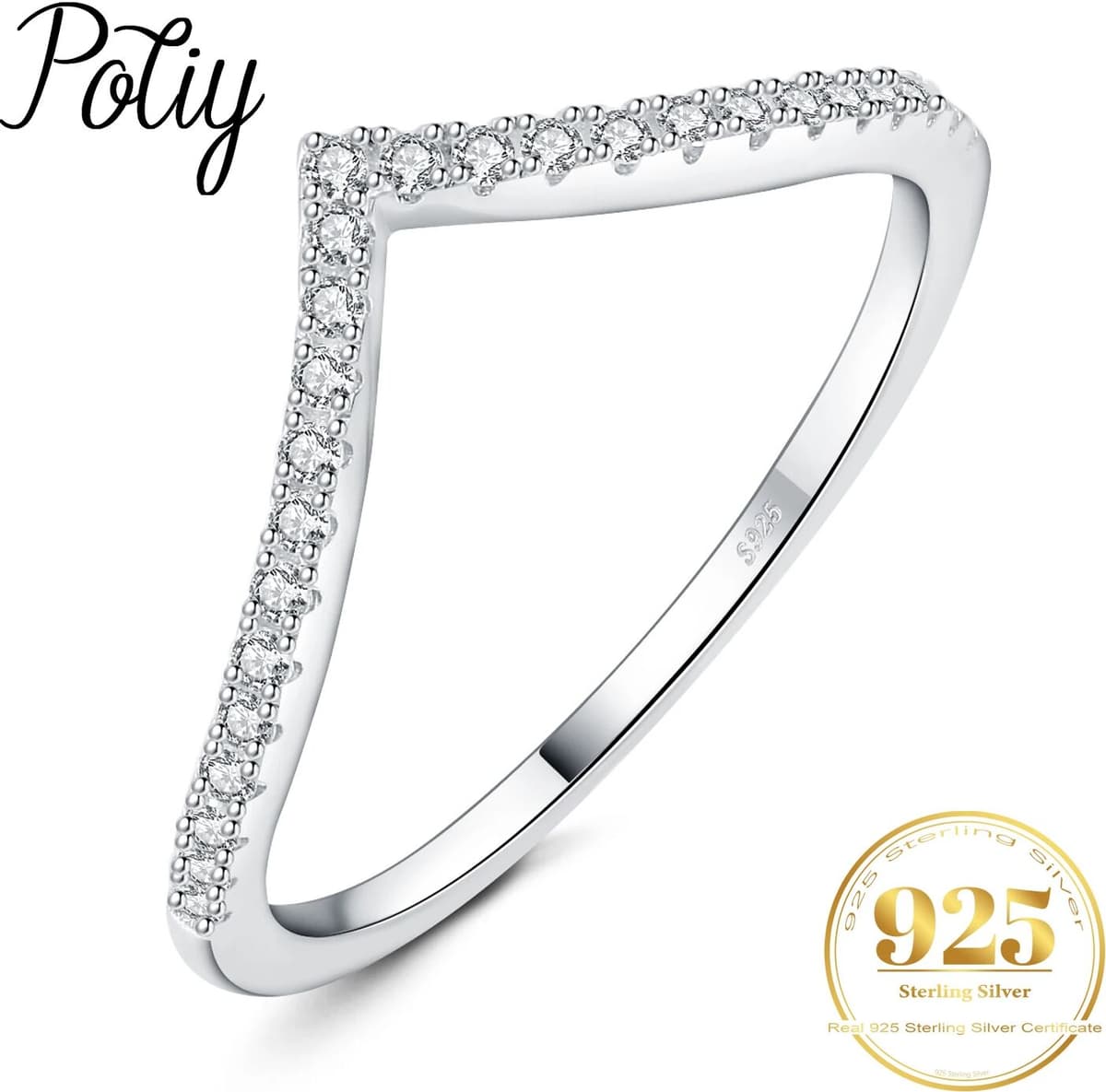 POTIY Moissanite D Color Round Cut V Shape Stackable Wedding Ring 925 Sterling Silver Diamond Gift for Her
