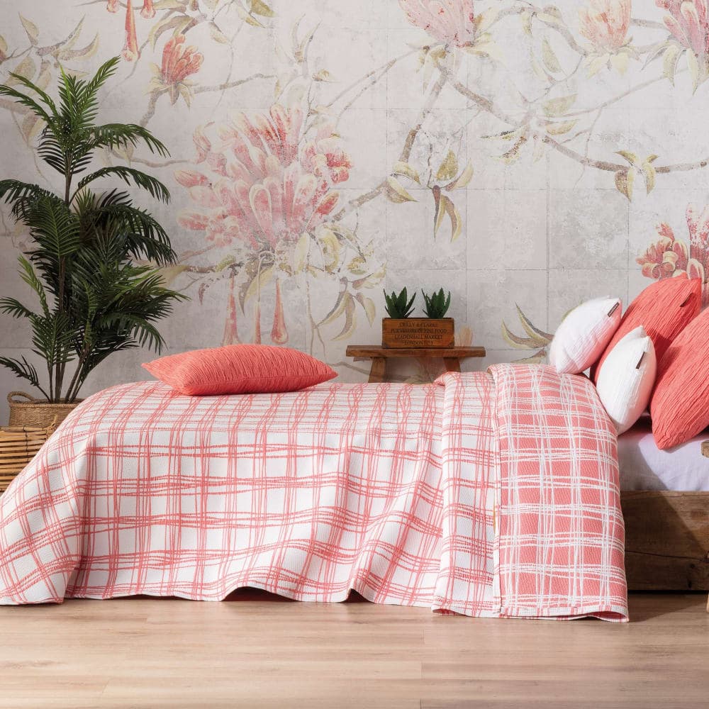 Manterol Colcha cubrecama jacquard cuadros coral - cama 135/140cm