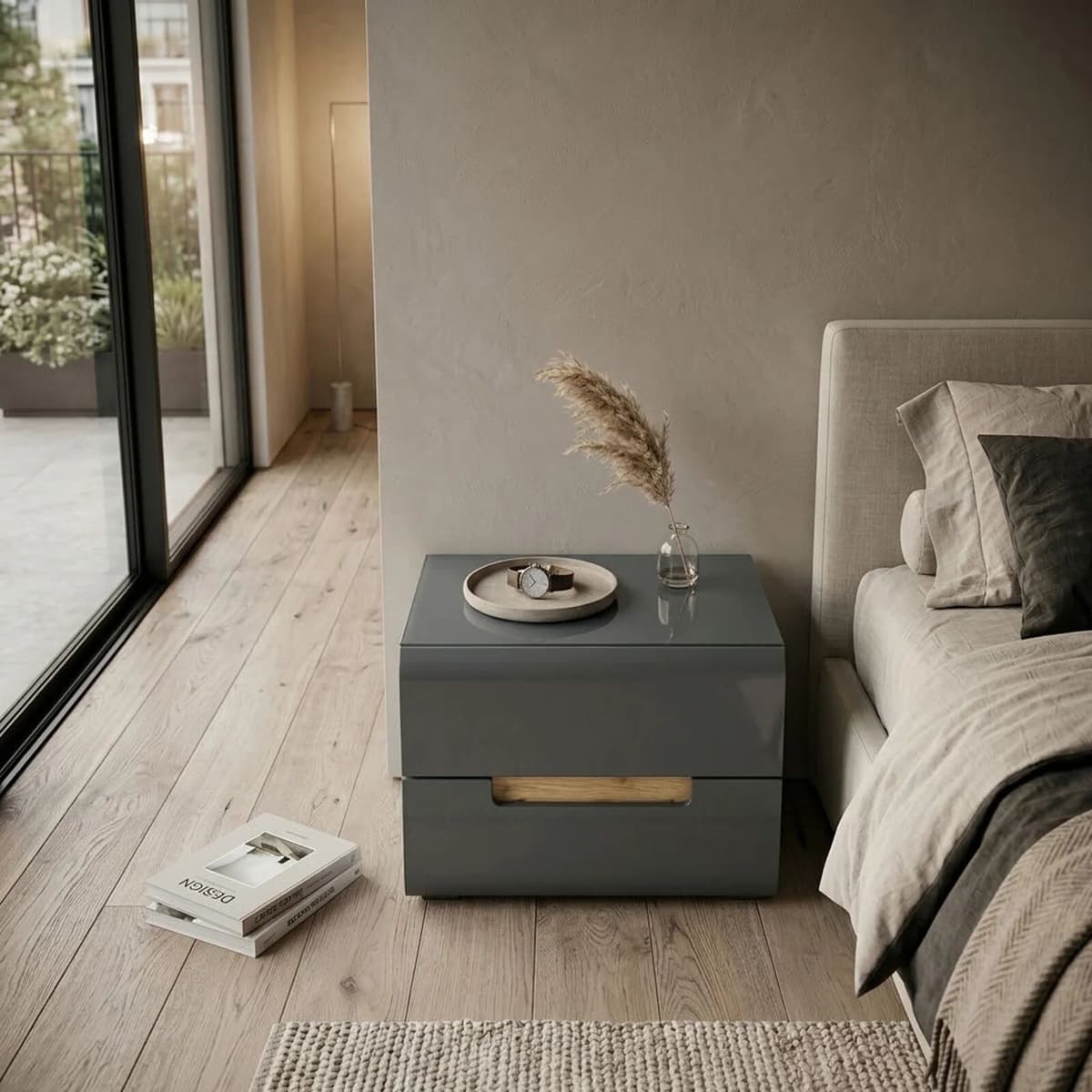 garneroarredamenti Comodino moderno 52x35h 2 cassetti antracite lucido rovere Dubai Gihome®