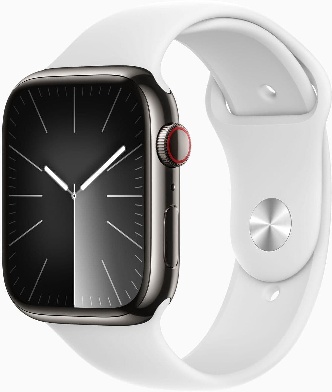 Apple Watch Series 9 Stal nierdzewna 45 mm (2023)   GPS + Cellular   Grafitowy   biały pasek sportowy M/L - Refurbished