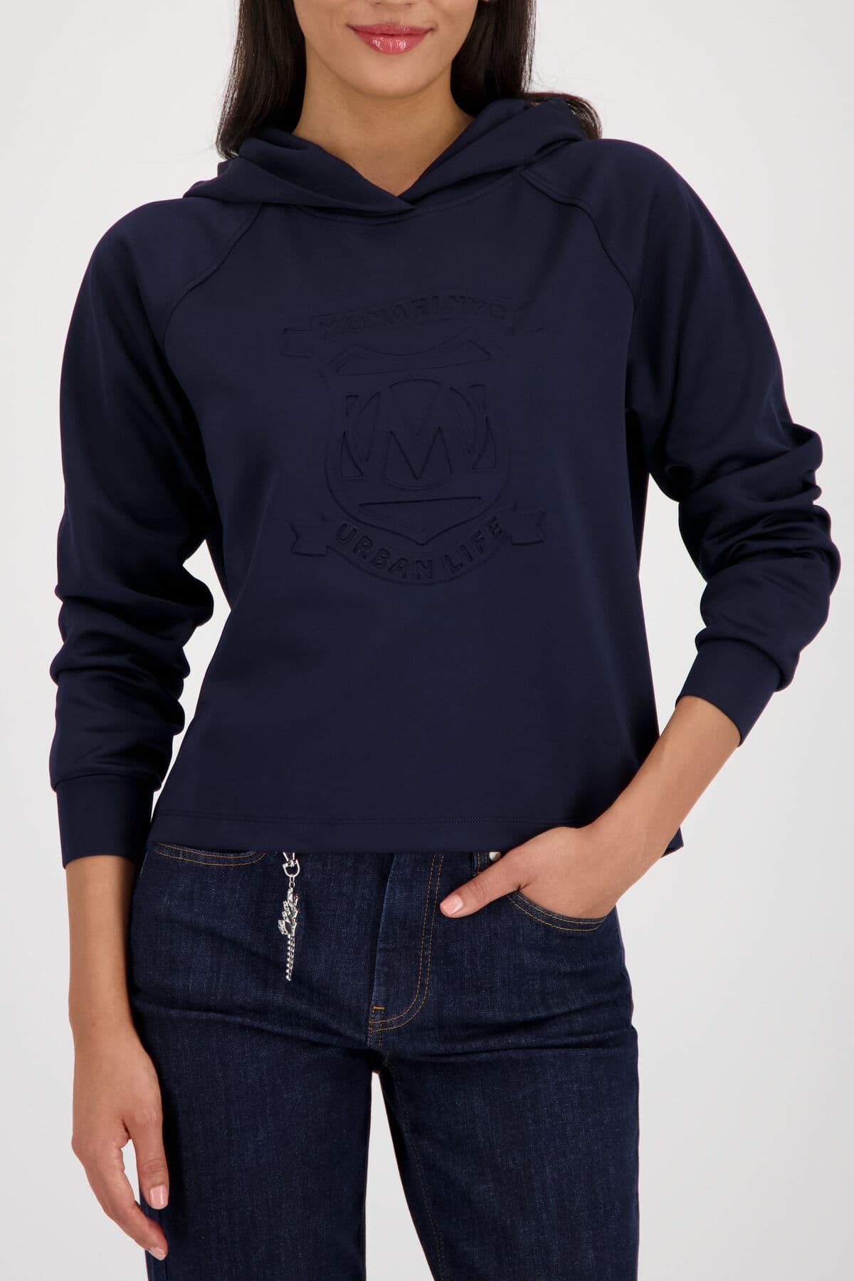 Sweatshirt MONARI, Damen, Gr. 34, marine, Sweatware, Obermaterial: 96% Polyester, 4% Elasthan, clean, unifarben, regular fit normal, Rundhals, Bündchen, Sweatshirts Sweatshirt, mit Kapuze
