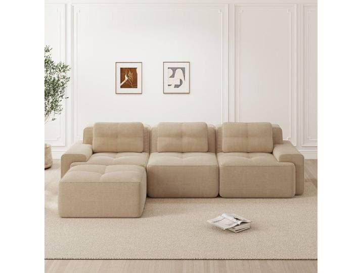 Canapé d'angle modulable Cloud avec pouf 293 x 177 x 69 cm canapé rembourré 3 places en L pour salon velours côtelé Beige