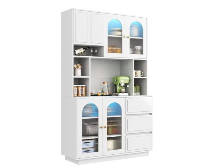 Buffet Cuisine 106x30x175cm Meuble Buffet Haut Cuisine Armoire de Cuisine avec 6 portes 3 Tiroirs et éclairage LED blanc