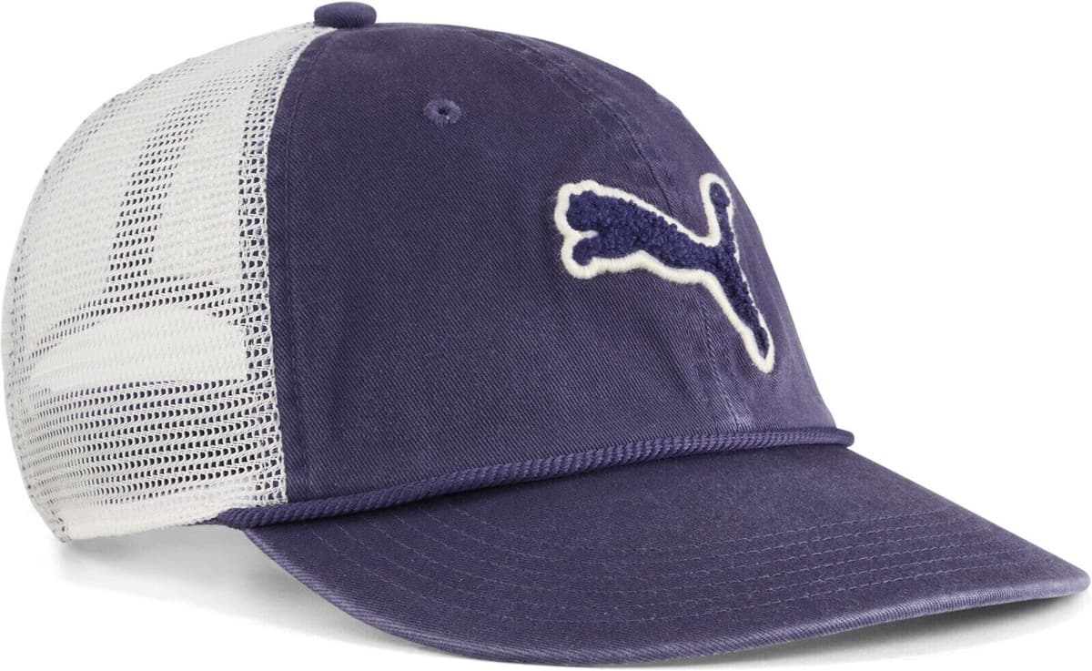 Flex Cap PUMA "PUMA Cat Trucker Cap Erwachsene", Gr. onesize, lila (deep plum frosted ivory lila weiß), Futter Vorderteil: 100% Baumwolle. Seitenpartie: 100% Polyester, unifarben, Caps