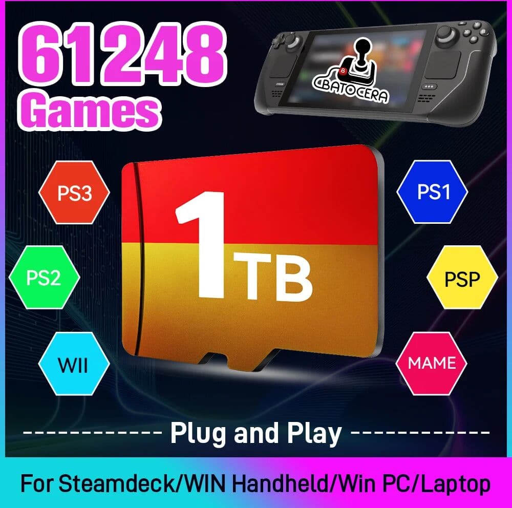 JMachen Batocera TF Game Card with 61200+ Games for Steam Deck/Win 600/Win PC/Laptop for PS3/2/1/PSP/MAME/N64/Wii Plug and Play