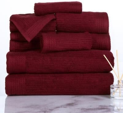 10-Piece Bath Towel Set - Luxurious 100% Cotton Ribbed Pile Absorbent Towels by Lavish Home (Burgundy)