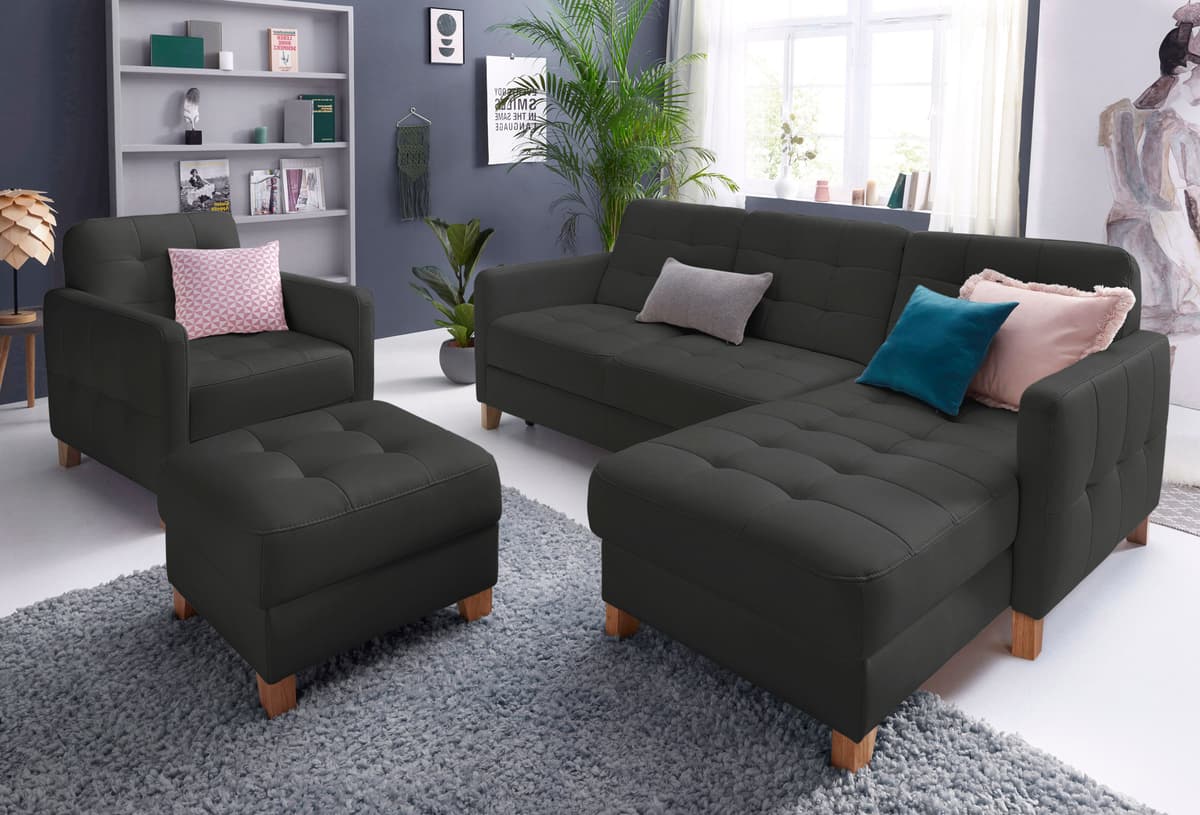 Ecksofa EXXPO - SOFA FASHION "Elio, kompakt, bequem & zeitloses Design, Breite 217cm, L-Form", blau (mystik), B:217cm H:84cm T:157cm, Luxus-Kunstleder;NaturLEDER (echtes Rindsleder) in Sitz und Rücken. Korpus in passendem Kunstleder SOFTLUX bezogen, Sofas