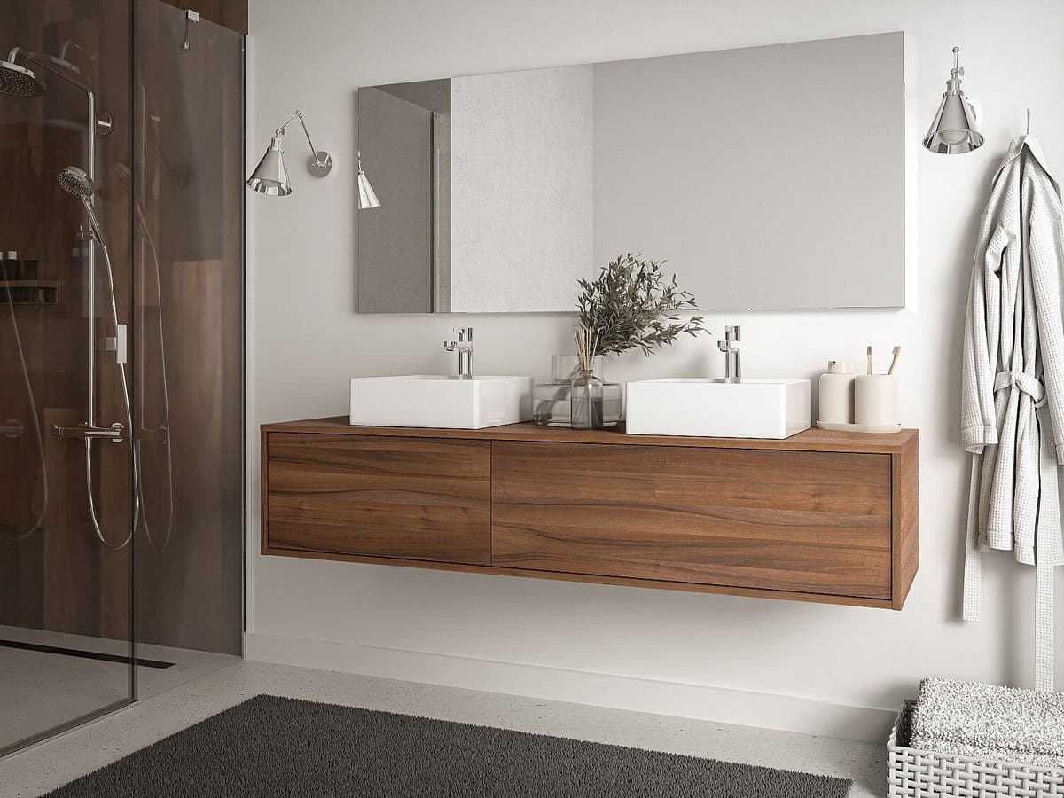 Vente-unique Zwevend badkamermeubel, donker naturel, met dubbele wastafel - L150 cm - ISAURE II