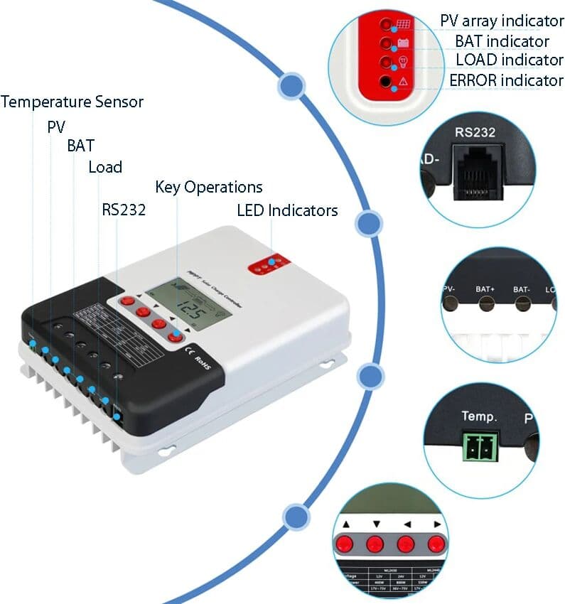 EVSOLAR SRNE 20/30/40A MPPT Solar Charge Controller 12V/24V Battery Voltage Auto Identify 100V PV Input ML Series ML2420/2430/2440