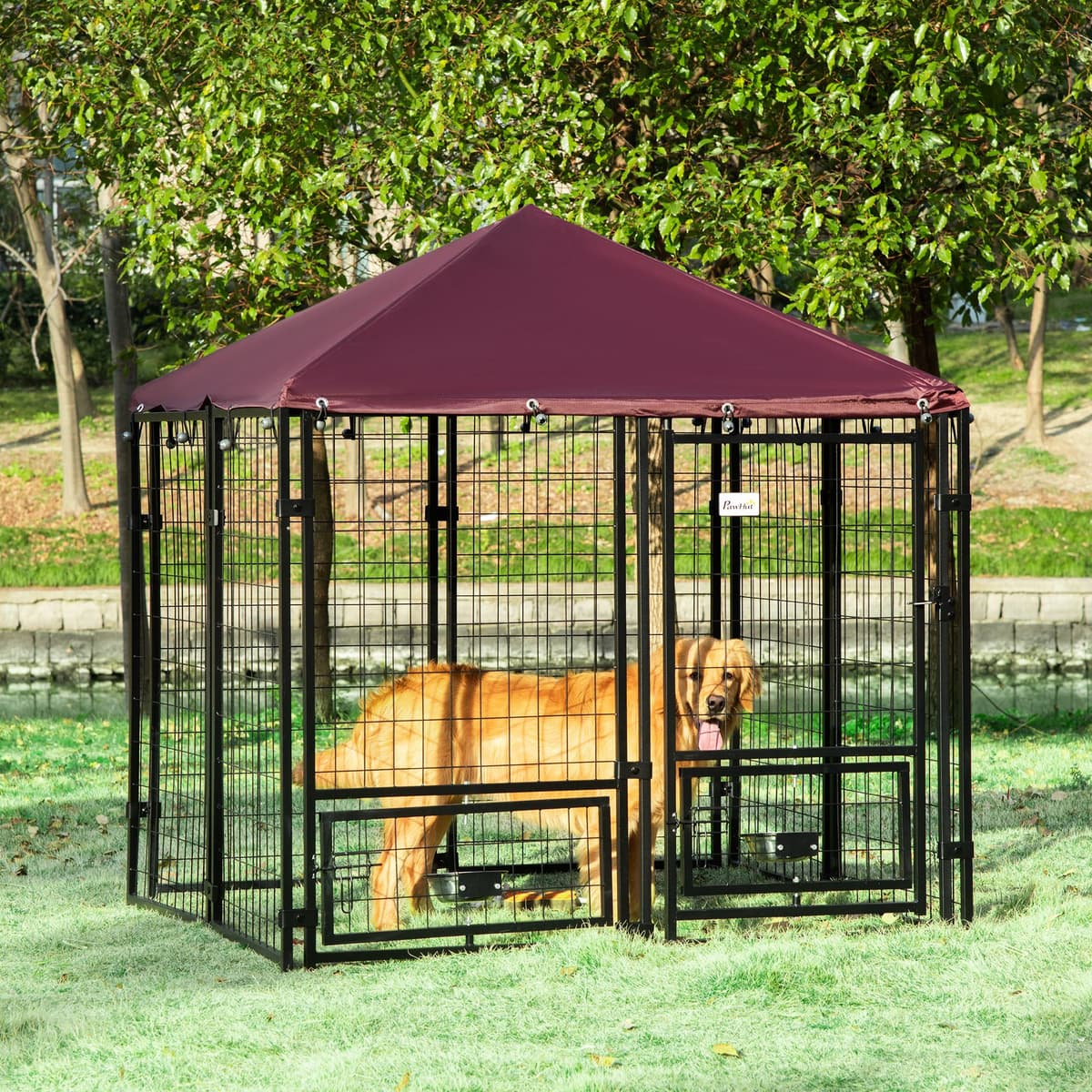 Pawhut Recinto per Cani da Esterno,Box per Cani in Acciaio con Serratura, 2 Ciotole Girevoli e Copertura in Tessuto Oxford,141L x 141P x 153Acm Aosom