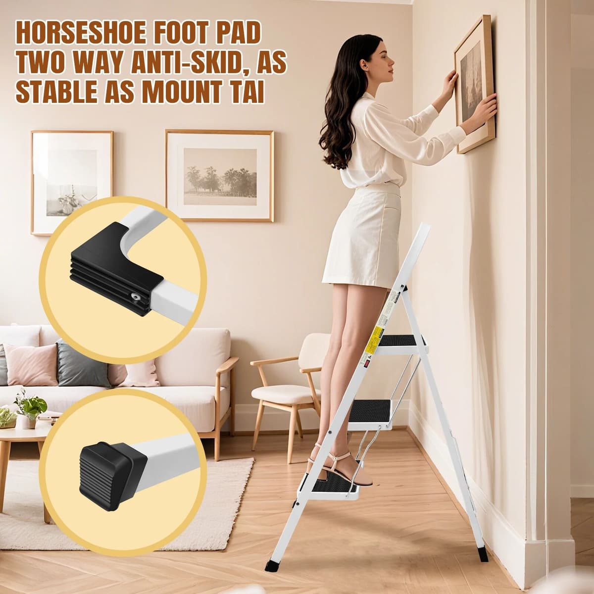NONE Folding Ladder 3 Step Heavy Duty Steel Stepladders 3 Tread Foldable with Handrail Safety Step Ladder for Indoor Outdoor Household Office Use