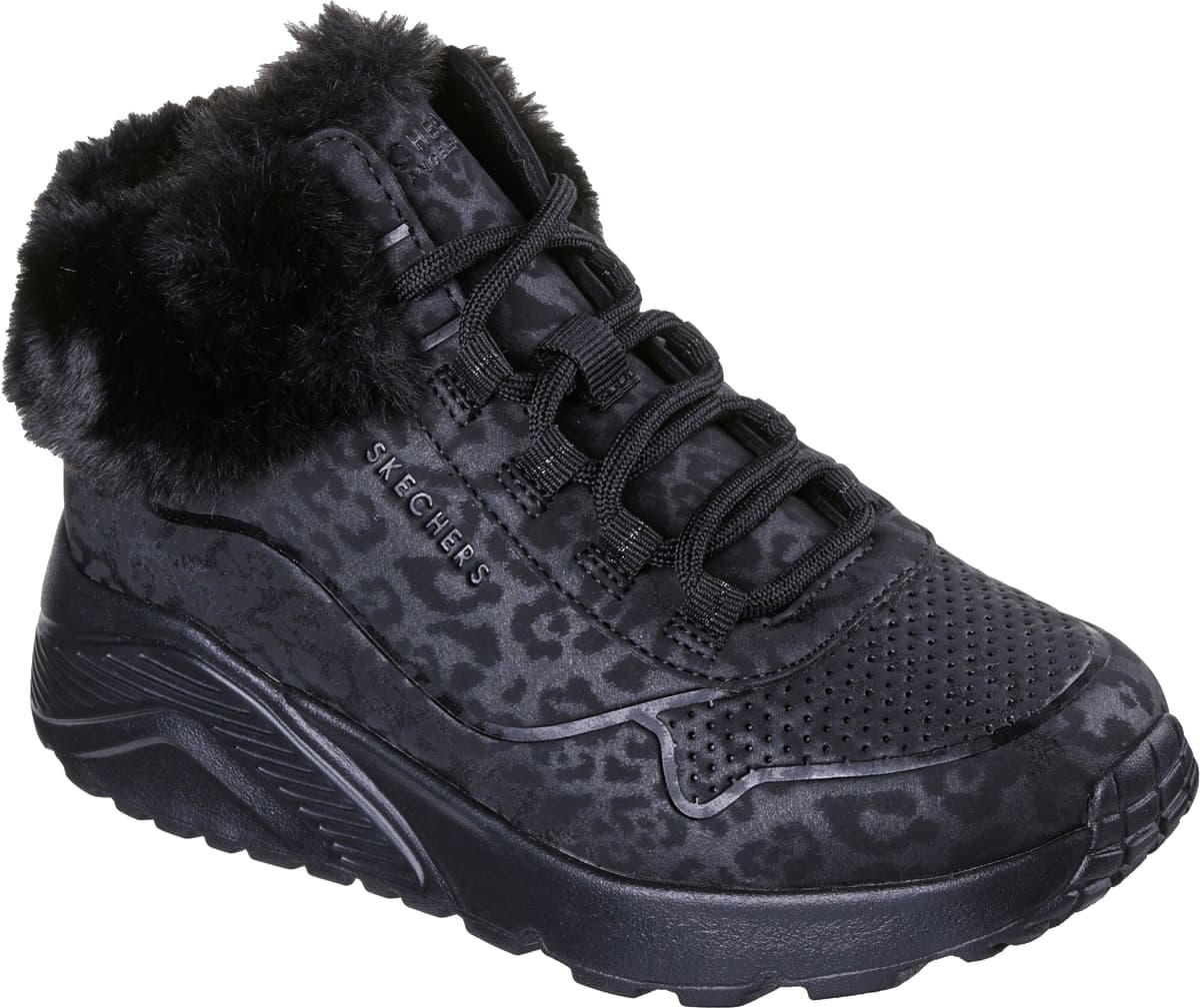 Winterboots SKECHERS "UNO LITE", Mädchen, Gr. 36, atmungsaktiv, schwarz (schwarz, leo), Lederimitat, Fellimitat, Schuhe Winterboots, Schnürboots mit Reißverschluss, Größenschablone zum Download, Topseller