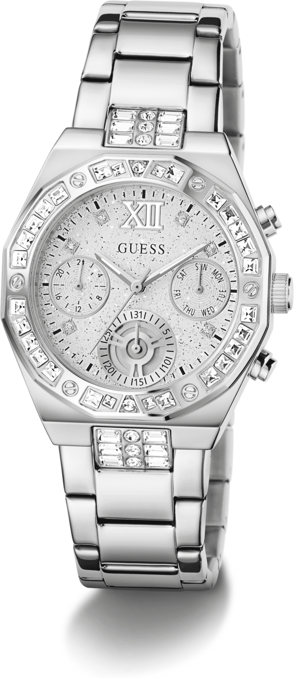 Quarzuhr GUESS "SELINA", silber (silberfarben, silberfarben, silberfarben), Armbanduhren, Damen, silberfarben, Quarzuhr, Armbanduhr, Damenuhr, Edelstahlarmband, analog, Tag, Wochentag