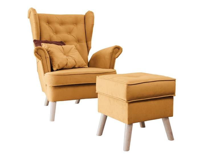 Idohome Sessel Classic mit Fußhocker und Buchenholzfüßen, Gelb, Holz, 92x107x80 cm, Wohnzimmer, Sessel, Ohrensessel