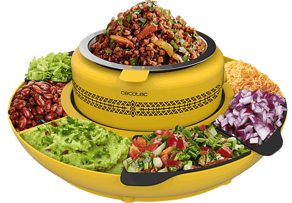 Máquina para calentar tacos - Cecotec Fun Taco Andale, 40 W, Recipiente calentador, 4 compartimentos, Con moldes de silicona, Amarillo