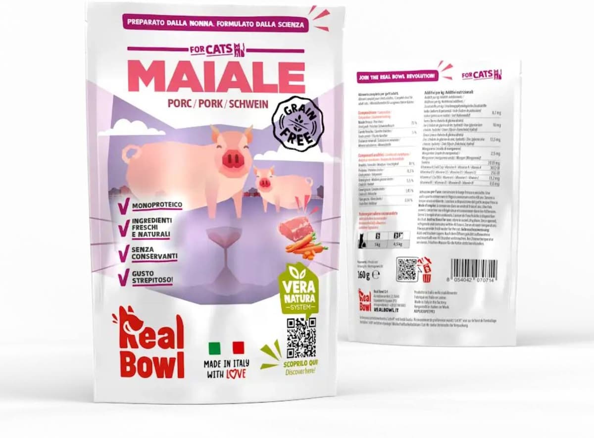 REAL BOWL 1 BUSTA x 160 g Alimento Completo per Gatti al Maiale Senza Cereali Grain Free