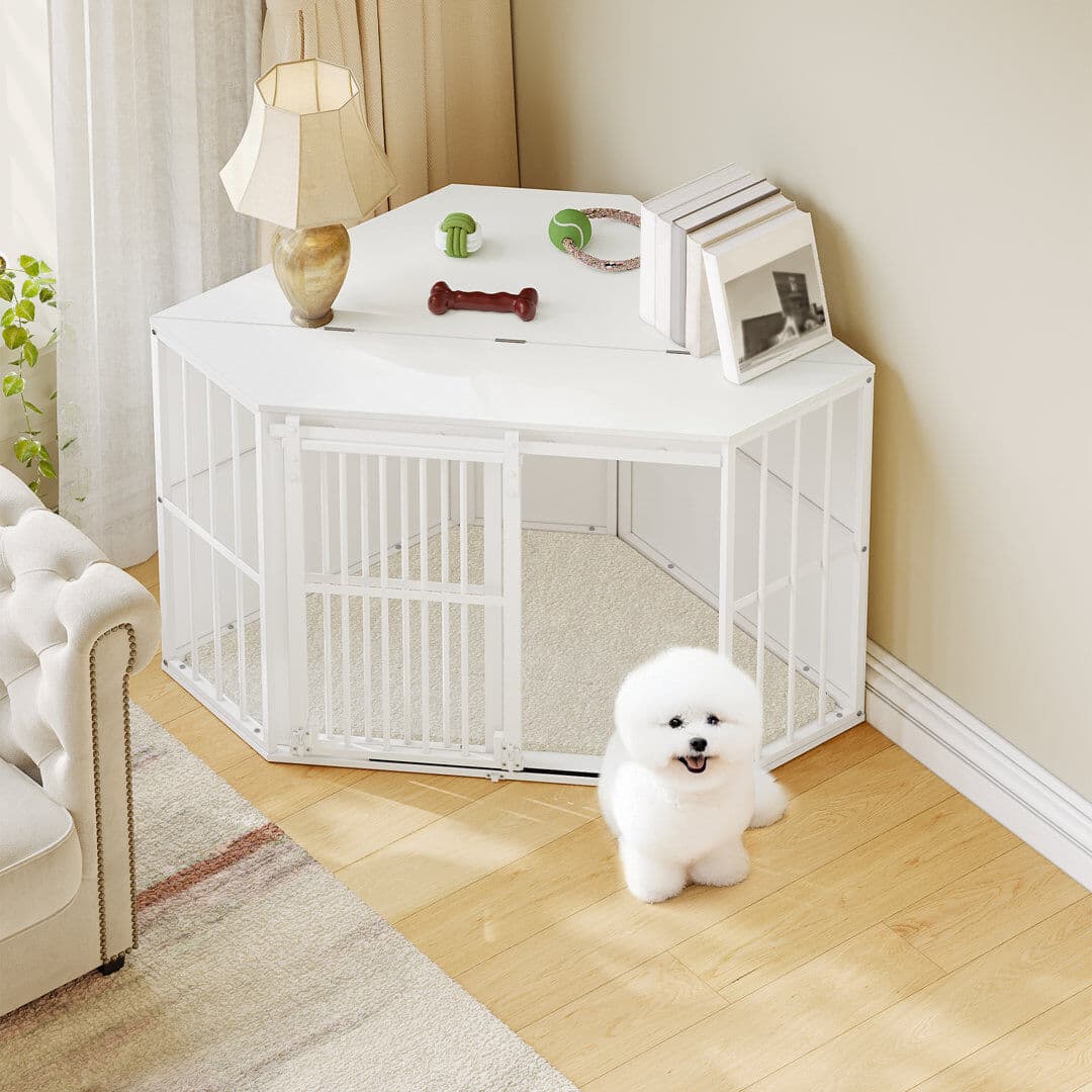 Lily Manor Corner Dog Crate Furniture with Cushion, Wooden Dog Crate with Barn Door, Indoor Kennel for Small and Medium Dogs, End Side Table Animal Crates, 107 × White