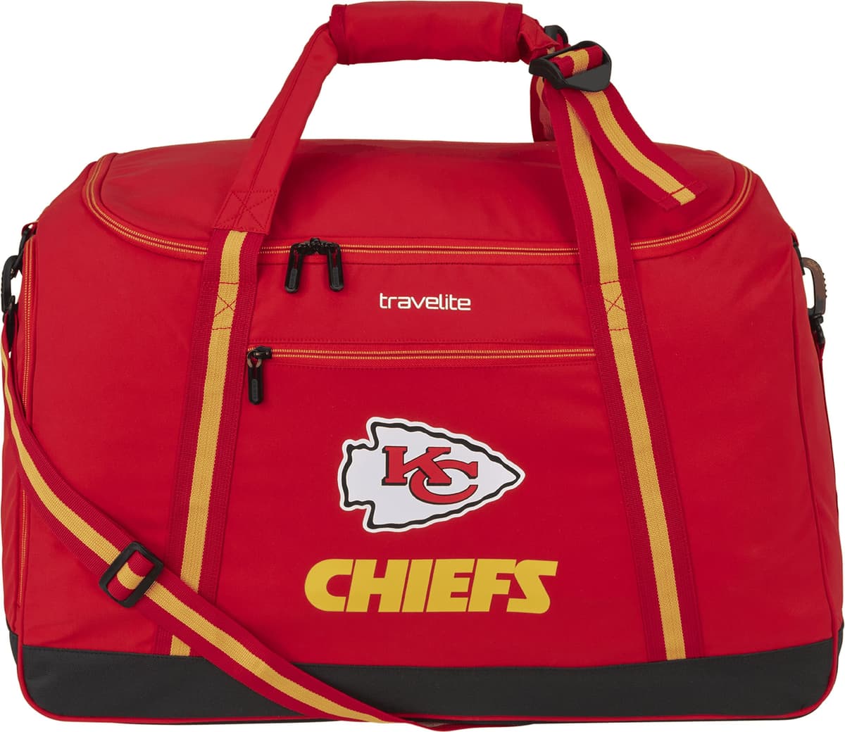 Sporttasche TRAVELITE "travelite x NFL Duffle Bag 2in1", Gr. B/H/T: 57cm x 35cm x 28cm, rot (kansas city chiefs), Textil, Taschen Sporttasche, Unisex Tasche, als Rucksack nutzbar, Schuhfach und Aufsteckfunktion