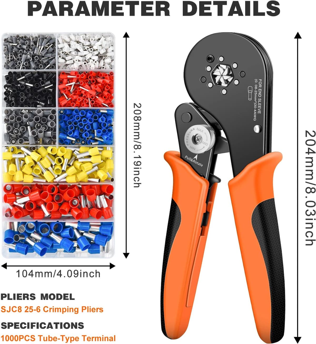ACOONY SJC8 25-6 TE1200PCS Hexagonal Ratchet Crimper for End Sleeves and Ferrules Wire Ferrule Crimping Tool Hand Crmper Plier