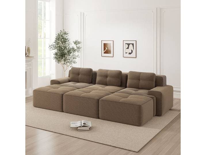 Canapé d'angle modulaire - Velours côtelé - Fonction lit - 3 tabourets inclus - 293x177x69 cm - Marron