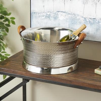 ARCILLA ELEMENTAL "Silver Stainless Steel Metal Hammered Ice Bucket with Brown Leather Handles - 18""W x 21""L x 11""H"