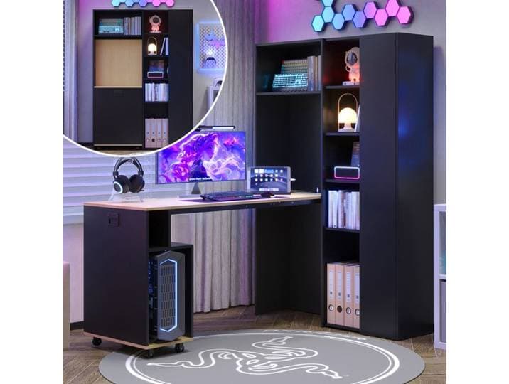 WOVREO Secretaire pliant 2 en 1 avec bibliotheque integree prise EU USB MDF noir et decor chene