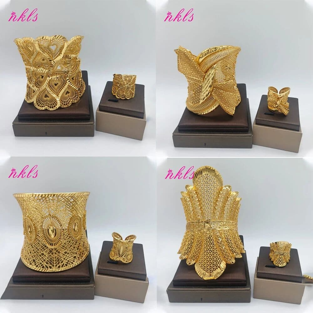 NONE Dubai Wide Gold Color Bangles With Ring Women France Luxury Large Cuff Bracelet Accessories Indian Fashion Engagement Party Gift