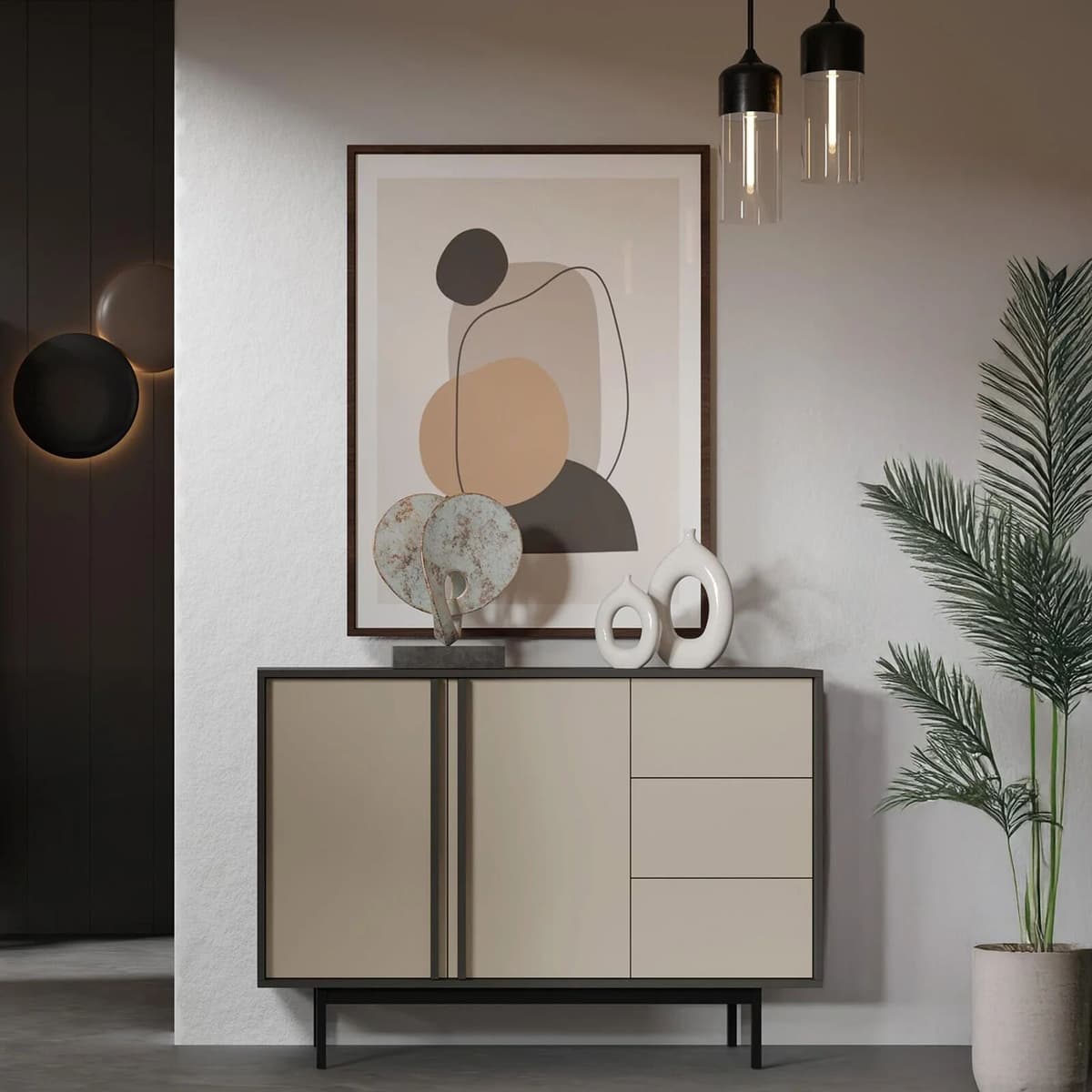 garneroarredamenti Madia 123x87 cm 2 ante 3 cassetti antracite beige Essenzia