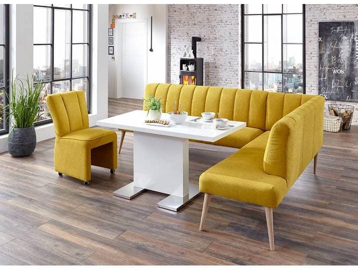 Eckbank EXXPO - SOFA FASHION Costa, moderne Rückensteppung, bequem und elegant, hoher Holzfuss , gelb (mustard), B:197cm H:92cm T:265cm, Struktur: Webvelour, 100% Polyester, Sitzbänke, Eckbank, Frei im Raum stellbar