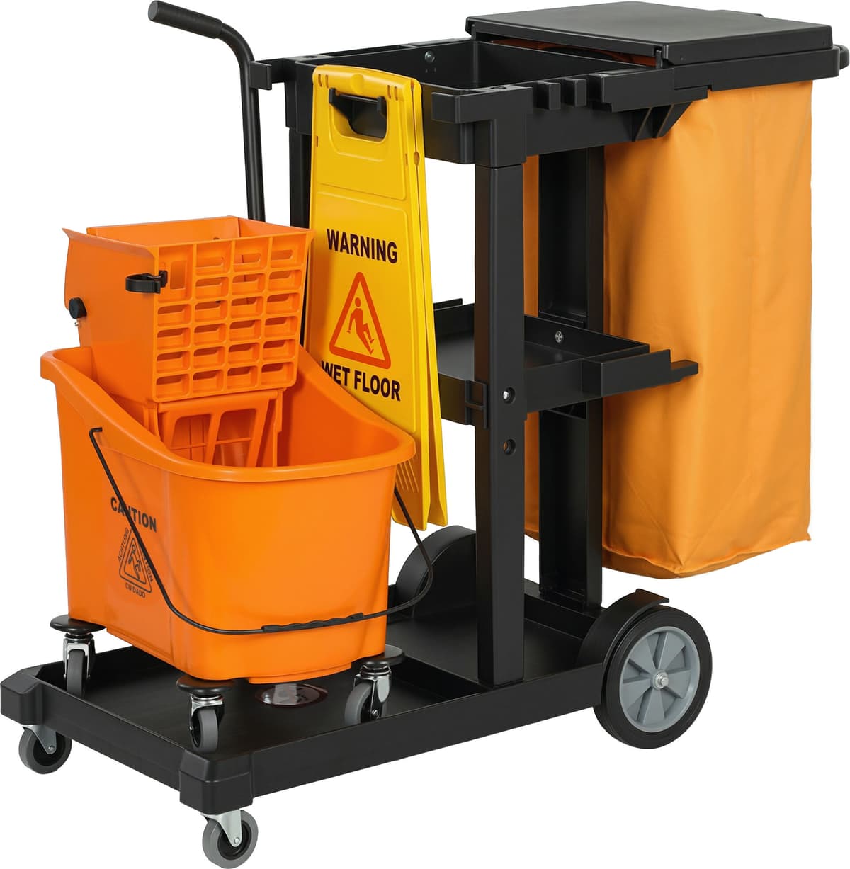 Altro Carrello Pulizie: Ruote, 3 Ripiani, Sacco 70l, Secchio Con Strizzatore.