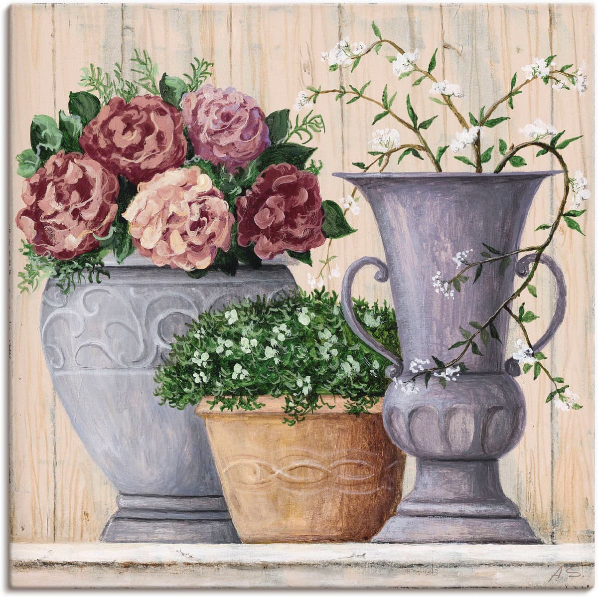 Leinwandbild ARTLAND "Antike Blumen_hell", beige (farbe bild(er): naturfarben), B:40cm H:40cm, Bilder, Leinwandbild, auf Holzrahmen gespannt farbe bild(er): naturfarben B/H/T: 40cm x 40cm, Leinwandbild Vasen & Töpfe, 1 Stk.