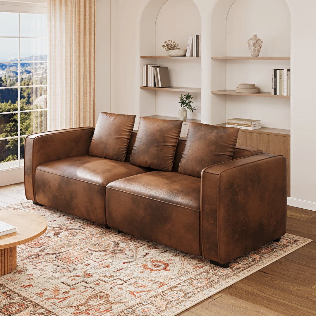 17 Stories 3 Seater Faux Leather Sofa Brown/Black 82cm H X 220cm W X 79cm D