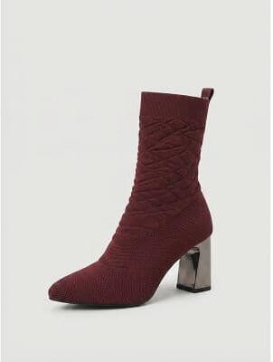 LightInthebox Women's Burgundy Knit Sock Ankle Boots - Quilted Pointed Toe Metallic Block Heel Booties for Office Workwear, Everyday Wear Street Style