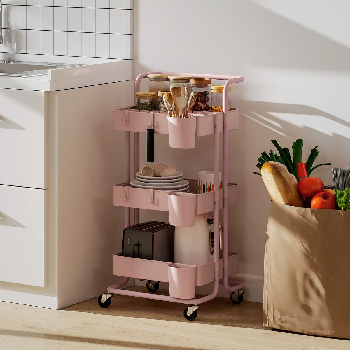 Homcom Carrello Ausiliario con Ruote Carro di Stoccaggio Multifunzionale con Ganci e Ceste Sospese 42x38x86,5 cm Rosa   Aosom Italy