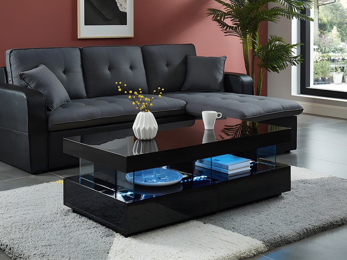 Vente-unique Salontafel FABIO - Zwart gelakt MDF - Met leds - 2 lades en 2 nissen