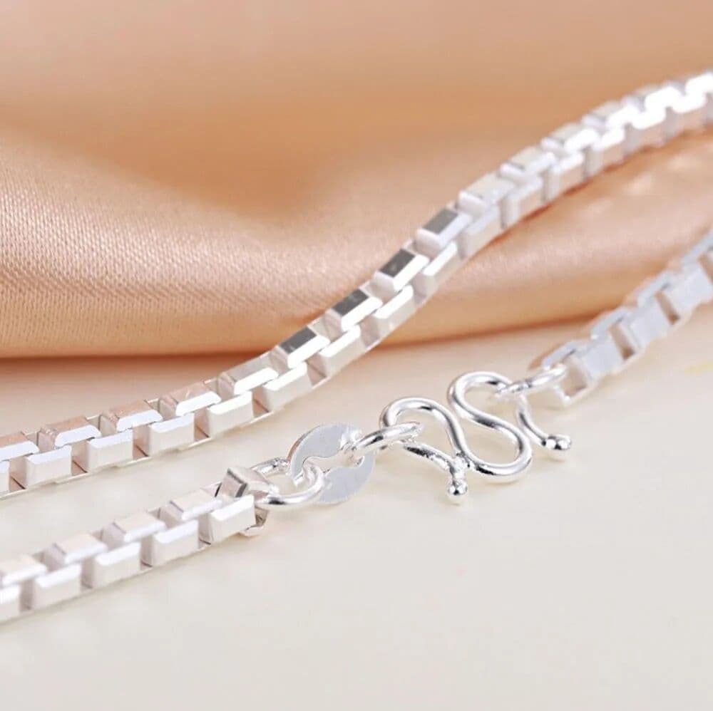 Pure 999 Fine Silver Chain Women Man 3mm Square Box Necklace Link 20inch to 28inch Length