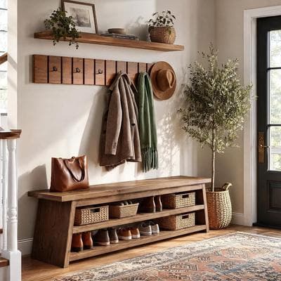 YUZHOU 63-Inch Solid Wood Hall Tree Set, Entryway Bench with Hooks