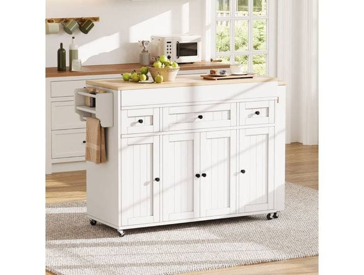 VUENOR Îlot central de cuisine sur roulettes blanc et naturel avec plan de travail extensible
