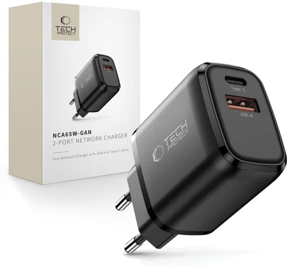 Tech-Protect Vægoplader m. 1x USB-C & 1x USB-A - 65W - Sort