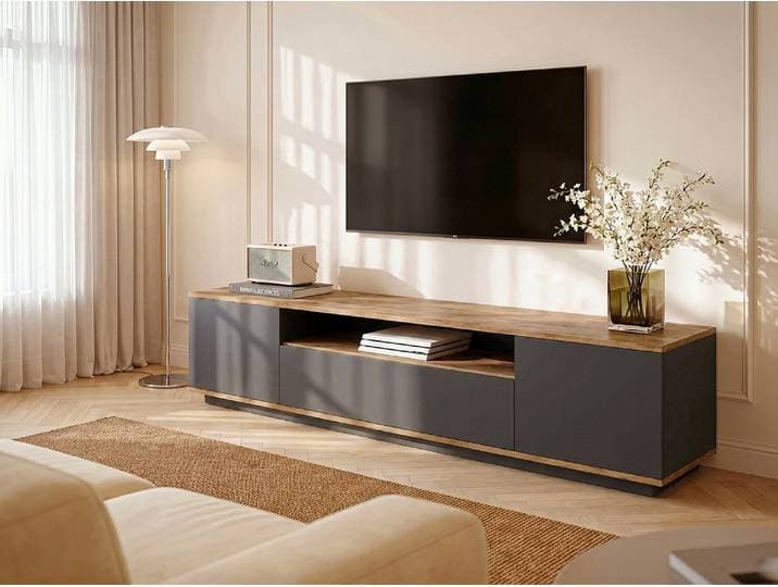 TV-Möbel mit 3 Türen & 1 Ablagefach - Anthrazit & Holzfarben - LOTULA