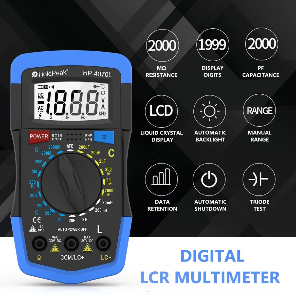 HoldPeak Digital Capacitance Meter ( LCR Meter ) Diagnostic-tool with LCD Backlight,HP-4070L