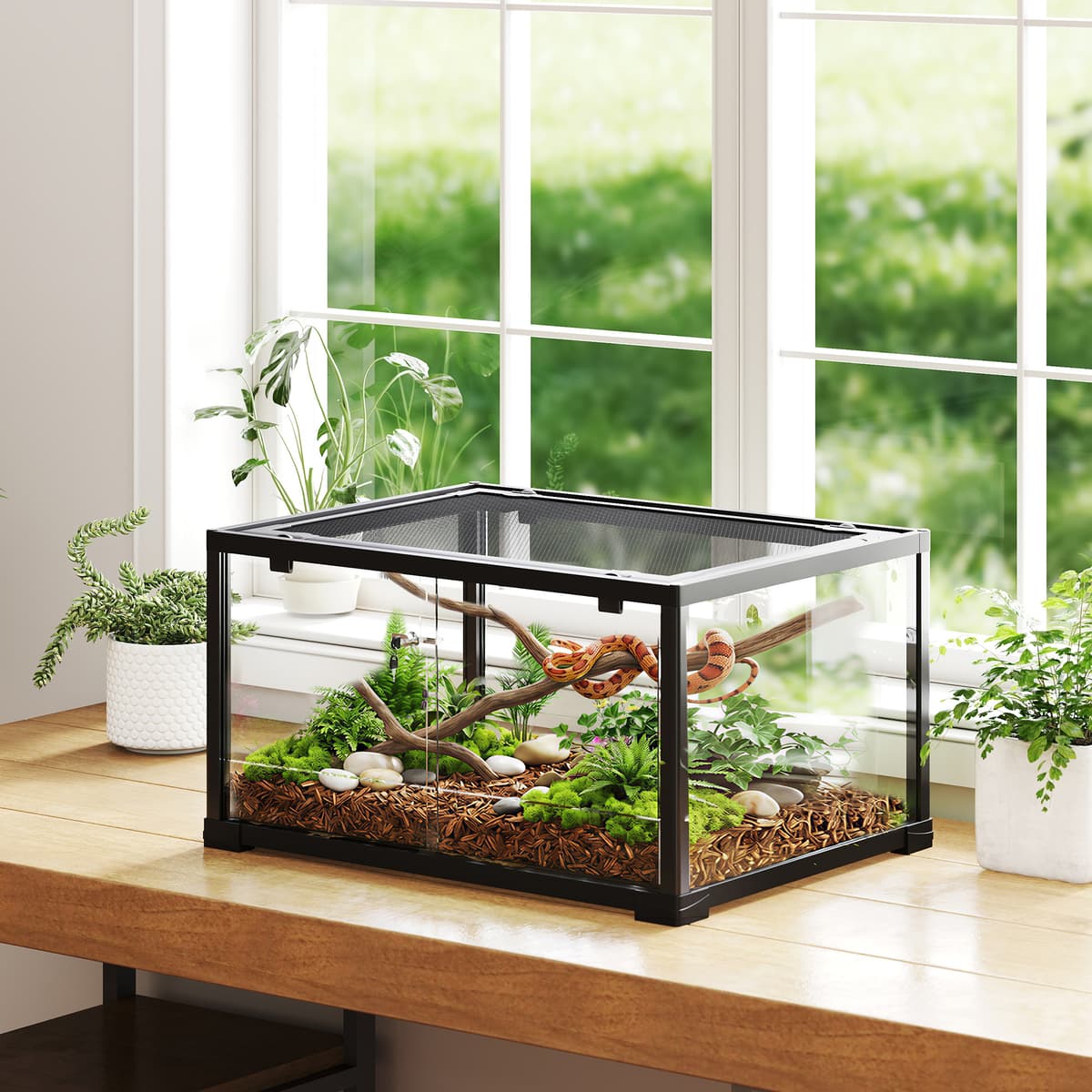 Pawhut Rettilario Rialzato con Doppia Serratura e Pareti in Vetro, 60x45x32 cm, Nero   Aosom Italy