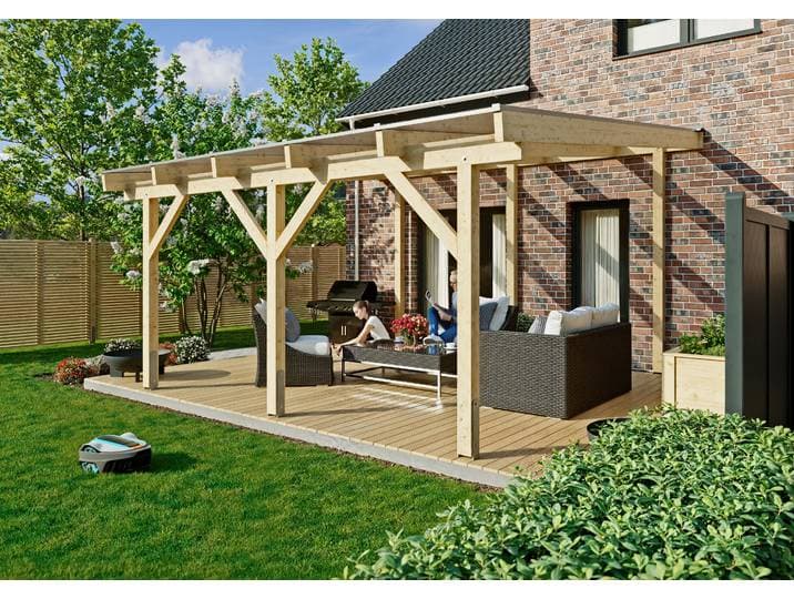 Terrassendach KONIFERA Fulu , beige (unbehandelt), B:510cm T:500cm, Fichtenholz, Leimholz, Polycarbonat (PC), Terrassenüberdachungen, Terrassendach, Bausatz aus naturbel. Leimholz mit lichtdurchl. Polycarbonat-Pultdach