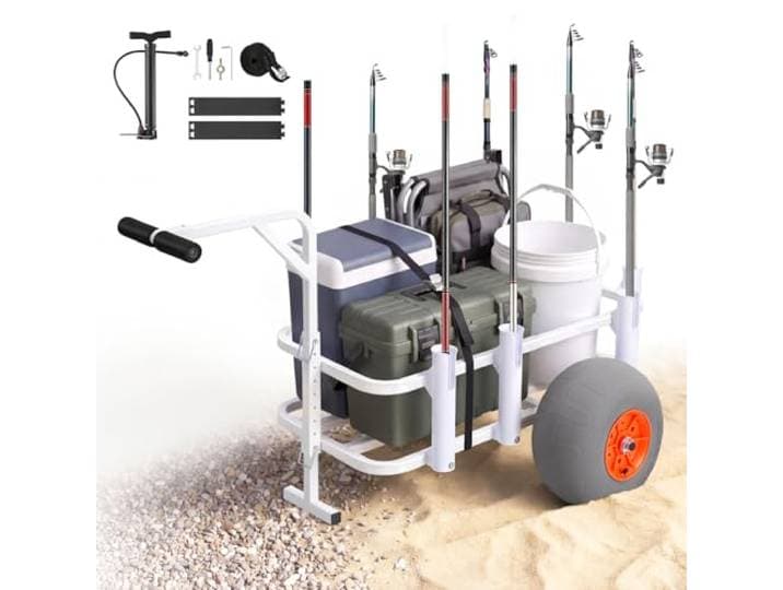 VEVOR Chariot de Pêche\, Capacité de Charge 136 kg\, Chariot de Transport Matériel de Pêche pour Plage Camping\, Pneus Gonflables Tout-Terrain en PU 330 mm\, Cadre en Alliage d'Aluminium\, 8 Porte-Cannes