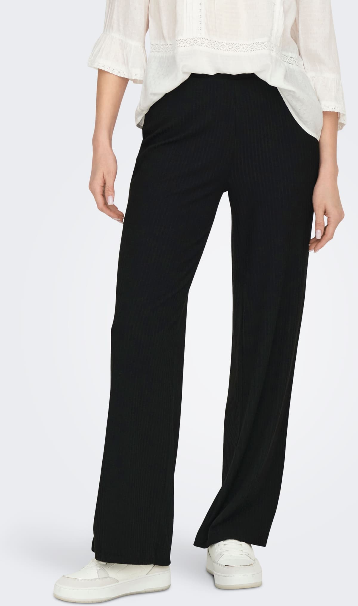 Jerseyhose ONLY "ONLEMMA – Weite Hose mit Gummizug und softer Ripp-Qualität", Damen, Gr. L (40), N-Gr, schwarz, Jersey, Obermaterial: 65% Polyester, 30% Viskose, 5% Elasthan, unifarben, weit knöchellang, Hosen Jerseyhose, weiter Schnitt, elastischer Bund,